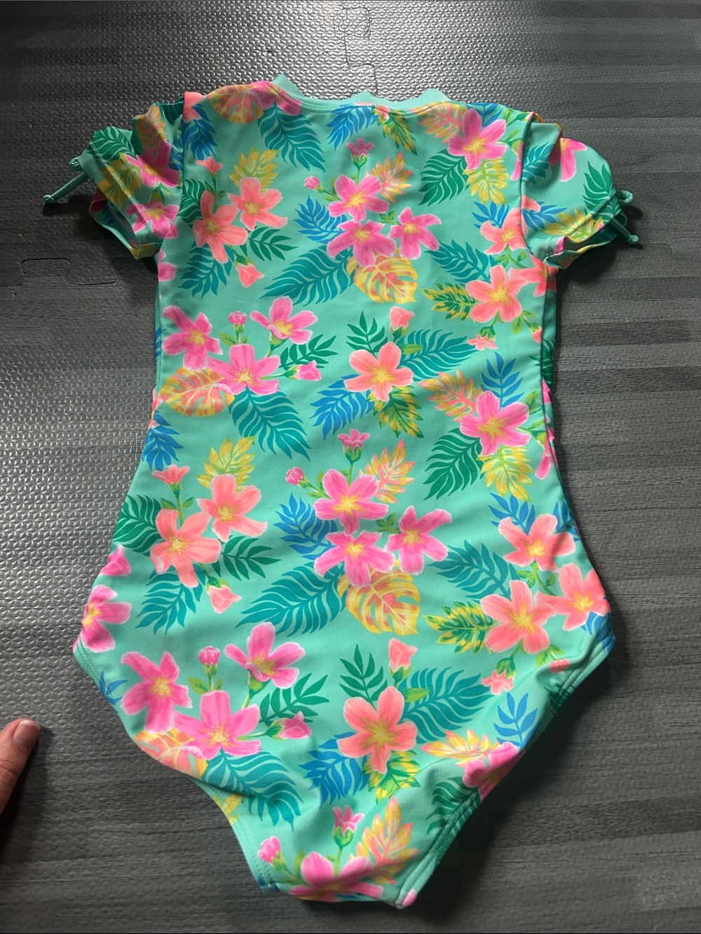 Kids Floral Zip Front Rash Guard Swimsuit - Turquoise - Picture 4 of 6
